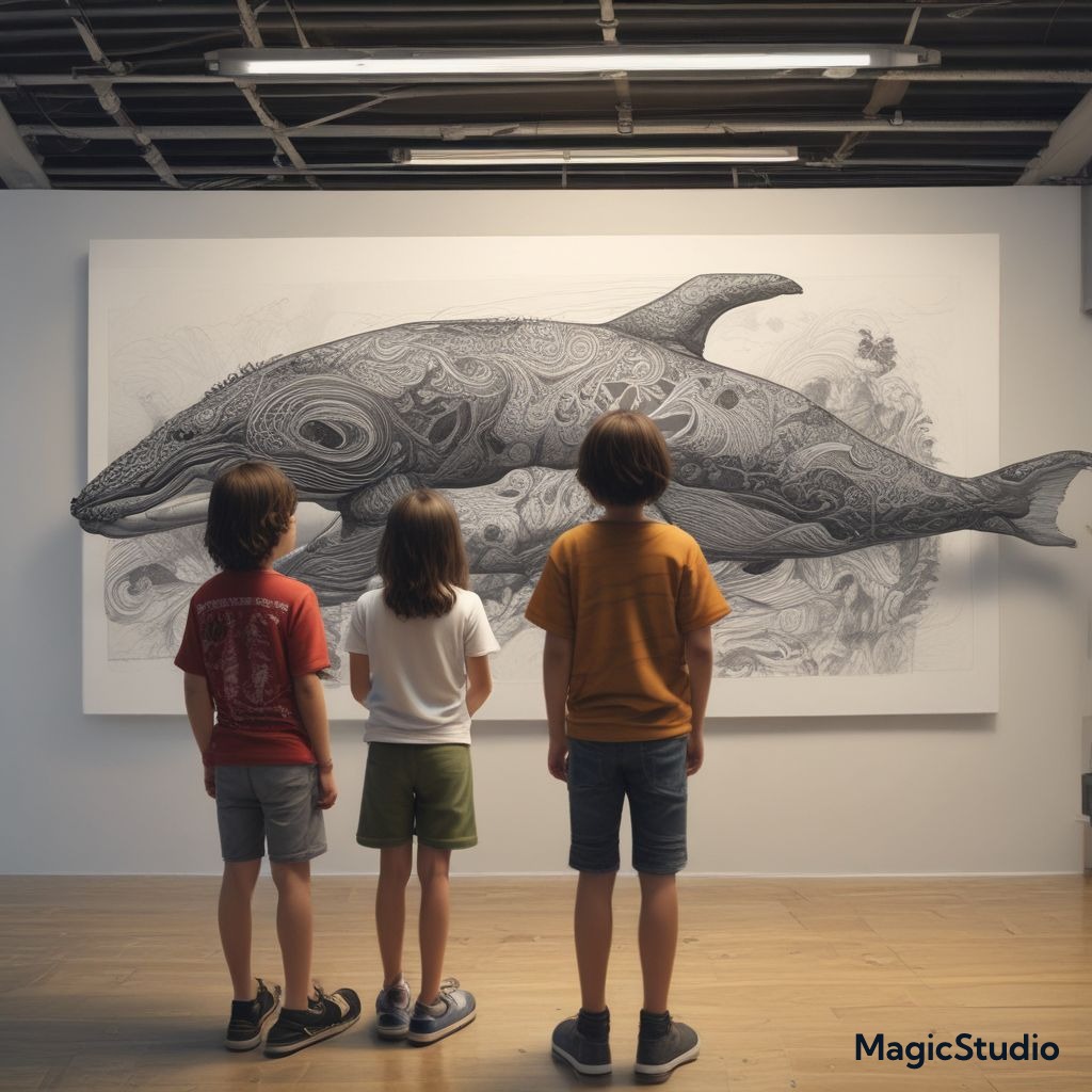 Three children looking at a painting of. whale in an art gallery.